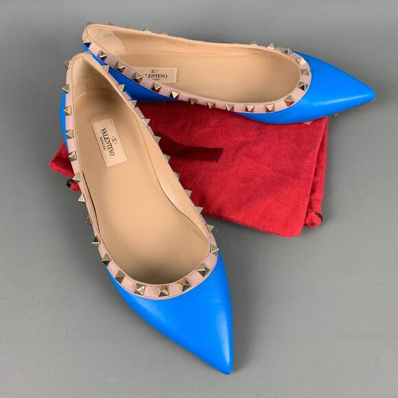 VALENTINO Size 10 Blue Nude Leather Contrast trim Flats - Picture 9 of 9
